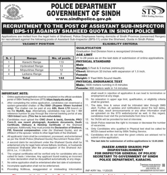 Sindh Police ASI Jobs 2025 – Online Application for Shaheed Quota Recruitment